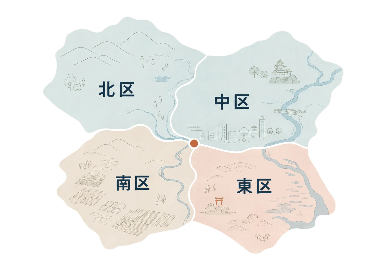岡山市の北区・中区・東区・南区の位置関係を示した地図